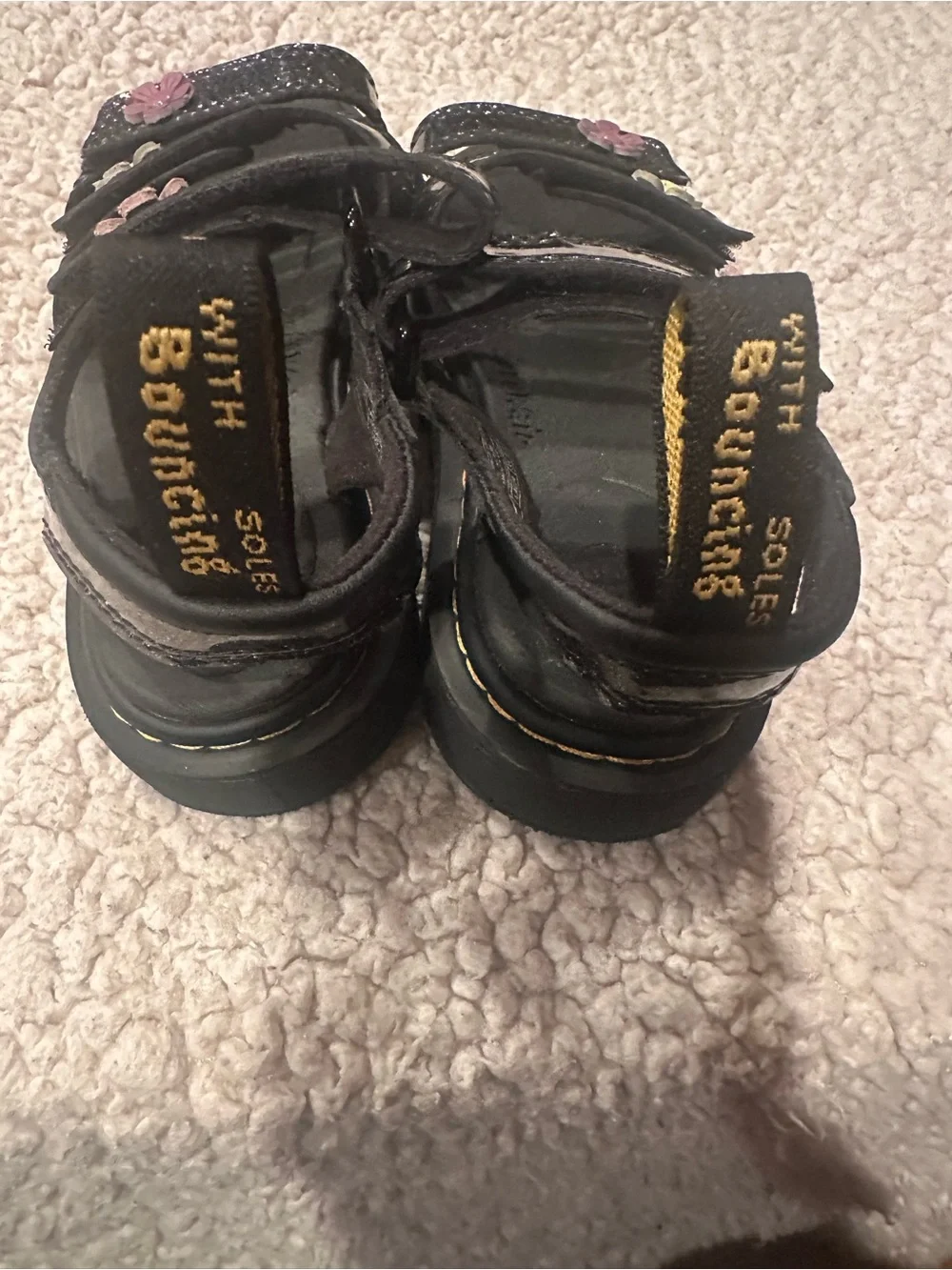 Dr. Martens Kids Black Glitter Sandals with Pink & Yellow Flower Accents